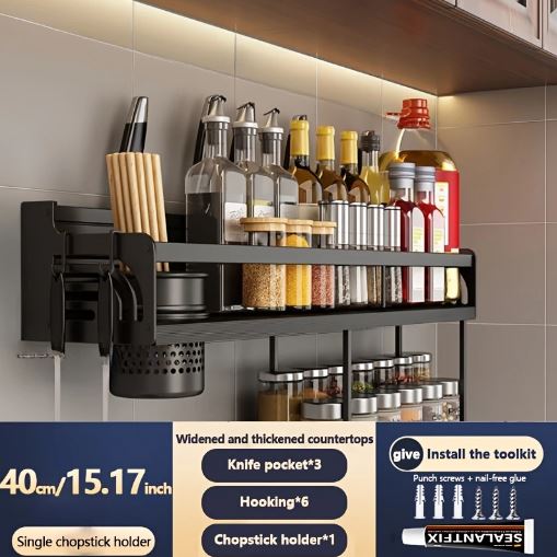 1Pc Wall-Mounted Storage Shelf, Kitchen Spice And Utensil Organizer, Multifunctional No-Drill Double-Layer Storage Rack