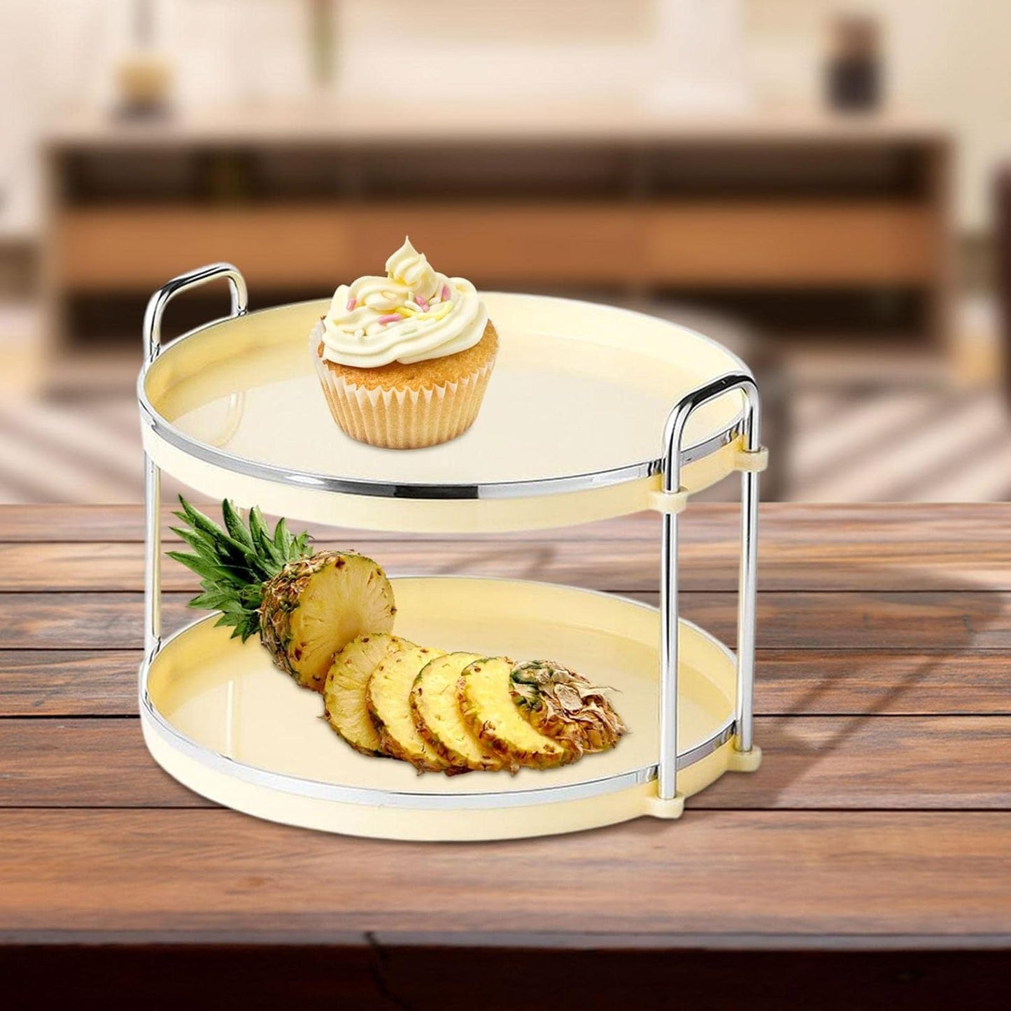 2 Tier Round Serving Tray with Handle (Beige)