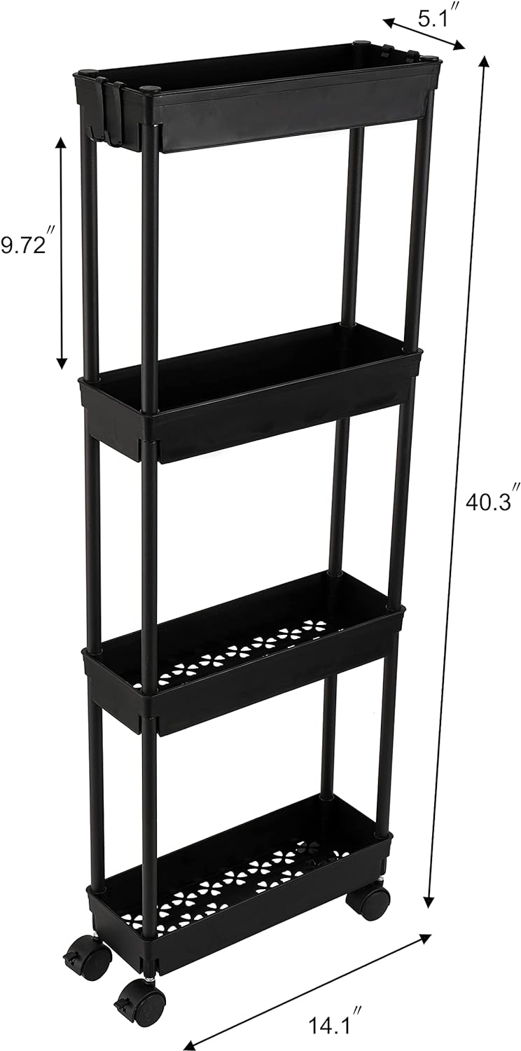 4 Tier Slim Storage Cart, Rolling Storage Cart, Narrow Shelf For Kitchen, Bathroom, Laundry Room (Black)
