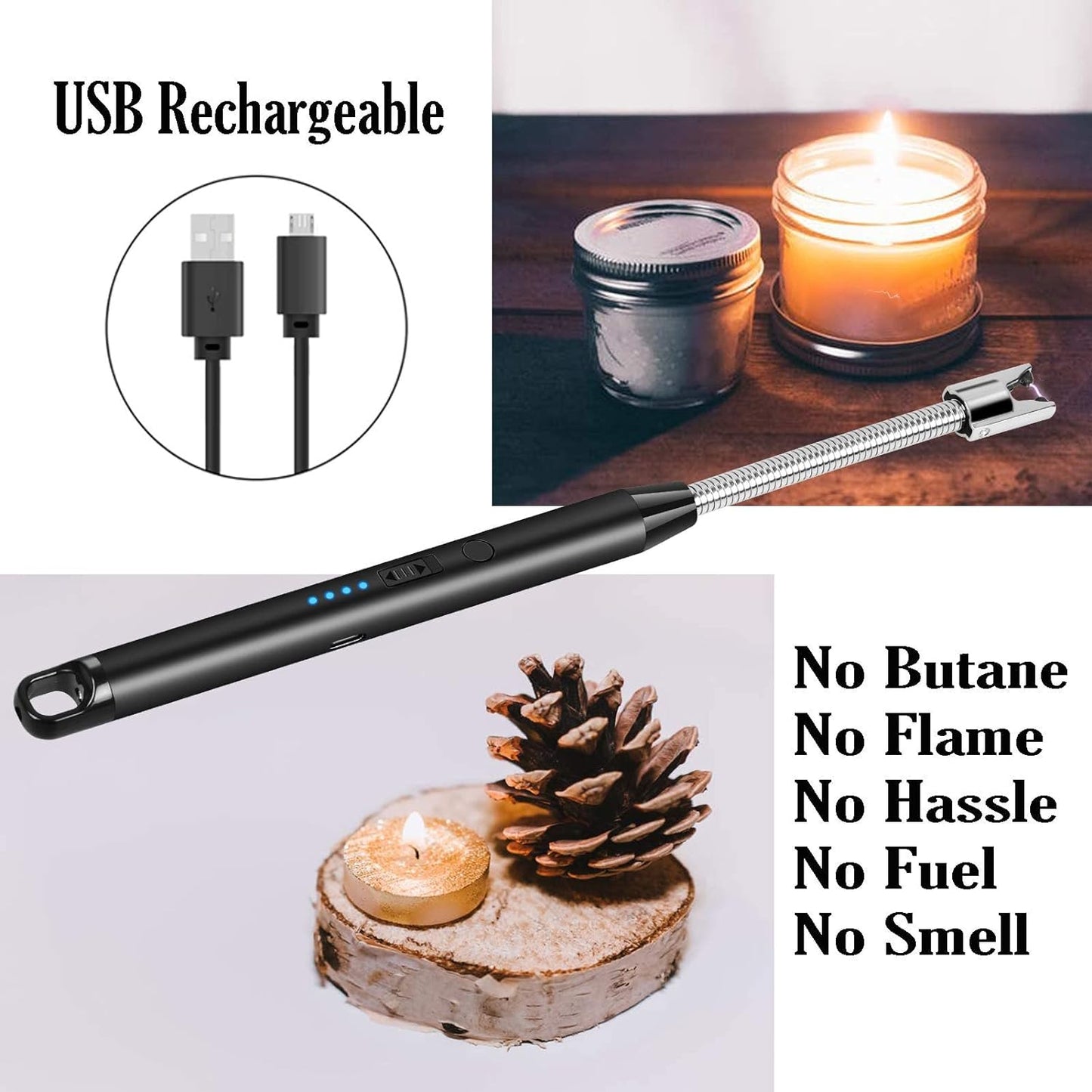 Candle Lighter - Flexible Plasma Arc Long Neck USB Lighter Rechargeable Windproof Flameless For Candles, Grill, Cooking, Camping, Hiking