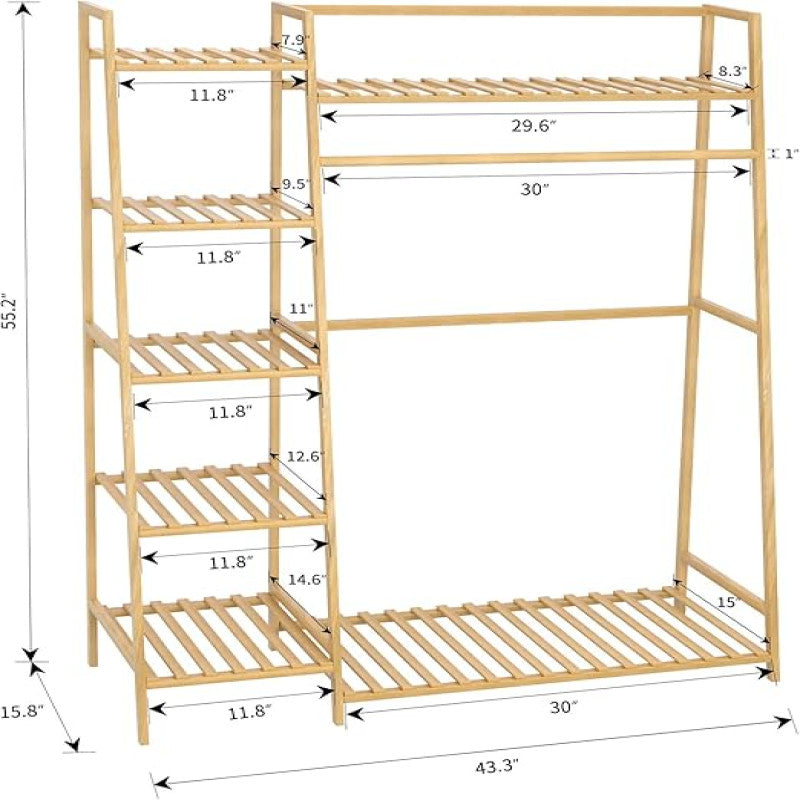 Bamboo Clothing Garment Rack, Free Standing Clothes Coat Hanger, Closet Organizer with Shoe Rack