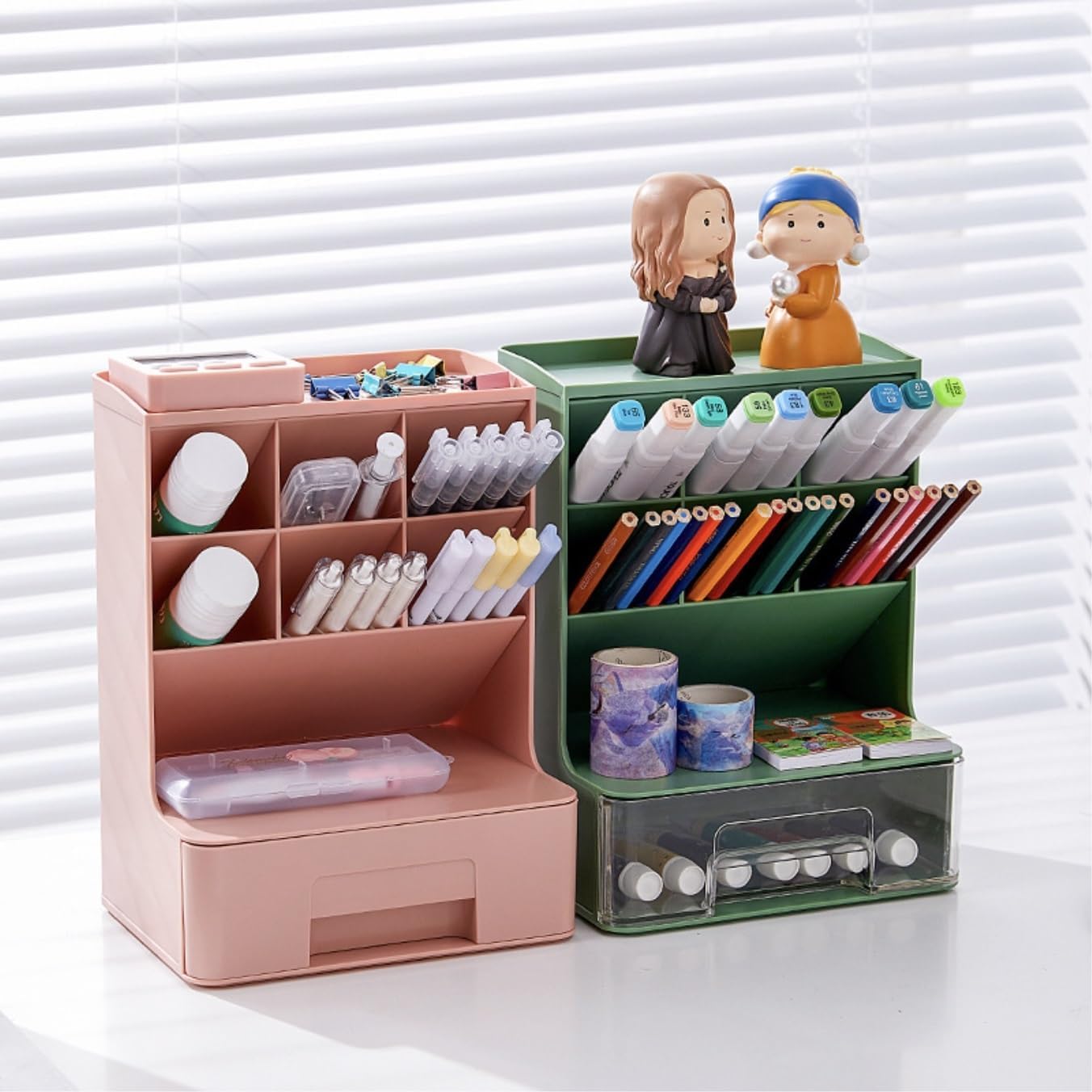 Desk Pencil Pen Holder, Slant Pen Organizer With Drawer, Desktop Storage Stationery Supplies Organizer For School Office
