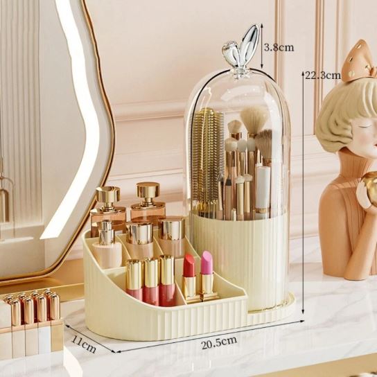 Makeup Organizer with 360 Degree Rotating Brush Holder, Dustproof Cosmetic Storage Box for Lipstick, Perfume & Skincare