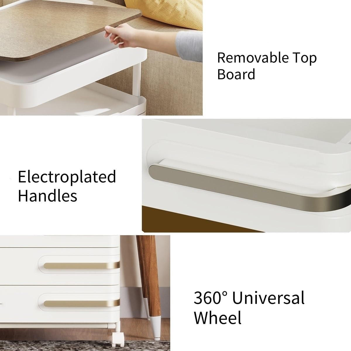 Movable Nightstand with Wheels, Multi-Tier Storage Cart with Drawers for Office, Bedroom, Living Room, and Bathroom