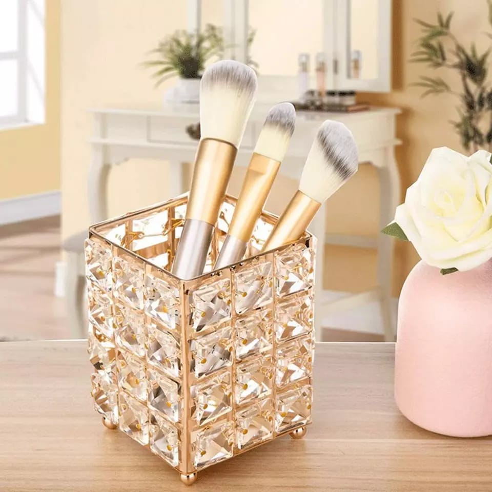 Metal Crystal Square Makeup Box Brush Jewelry Organizer