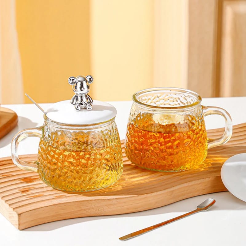 420ml Cute Clear Glass Coffee Mugs Heat-resistant With Lid and Spoon