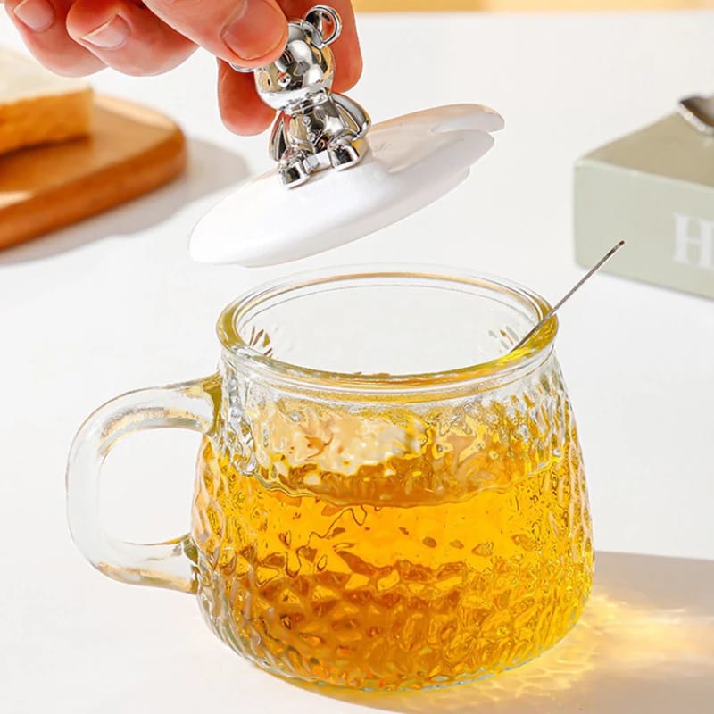 420ml Cute Clear Glass Coffee Mugs Heat-resistant With Lid and Spoon