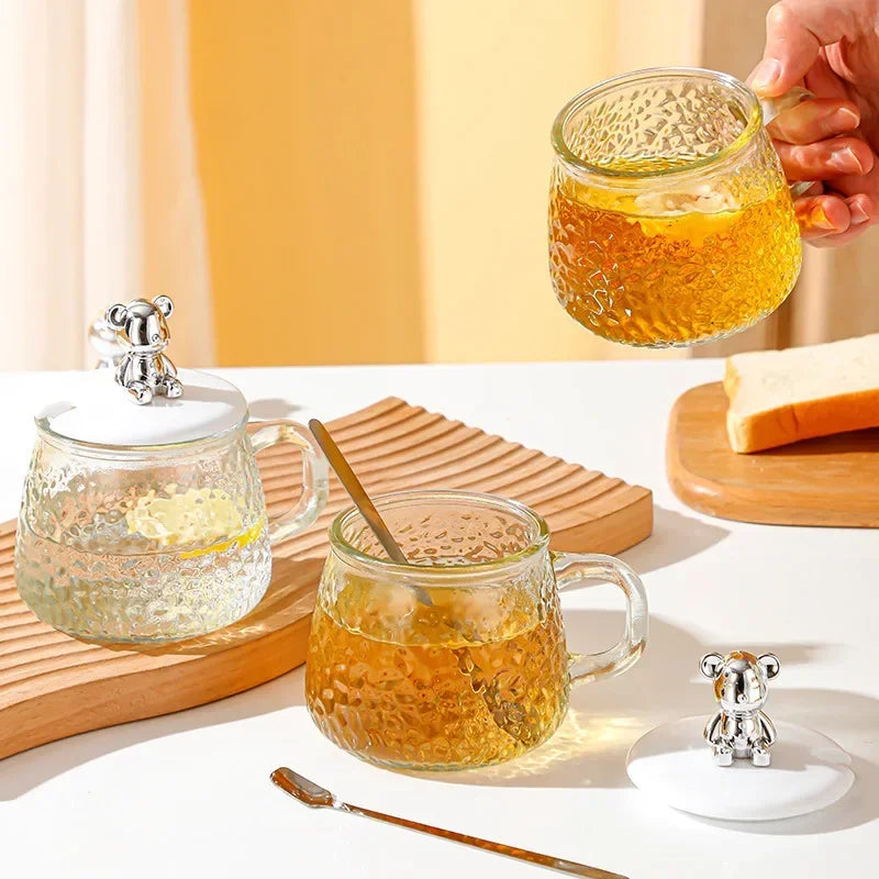 420ml Cute Clear Glass Coffee Mugs Heat-resistant With Lid and Spoon