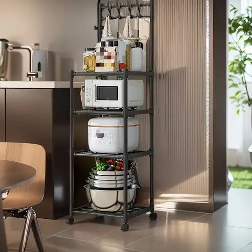 4-Layer Kitchen Household Storage Rack With Pulleys & Hooks