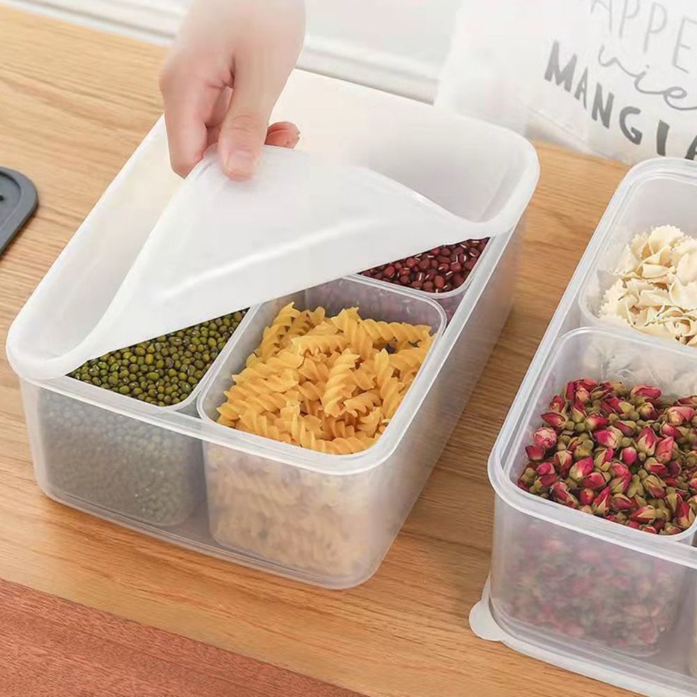 4 Grids Separated Grains Storage Box Rectangle Transparent Spice Container Refrigerator