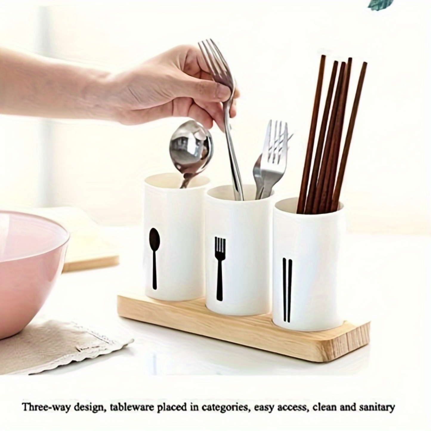 Plastic Cutlery Holder With Wood Tray (Premium Quality)