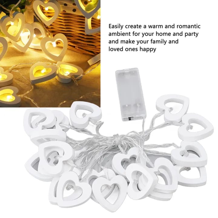 Wooden Heart Shaped String Lights (20) Cell+USB Operated