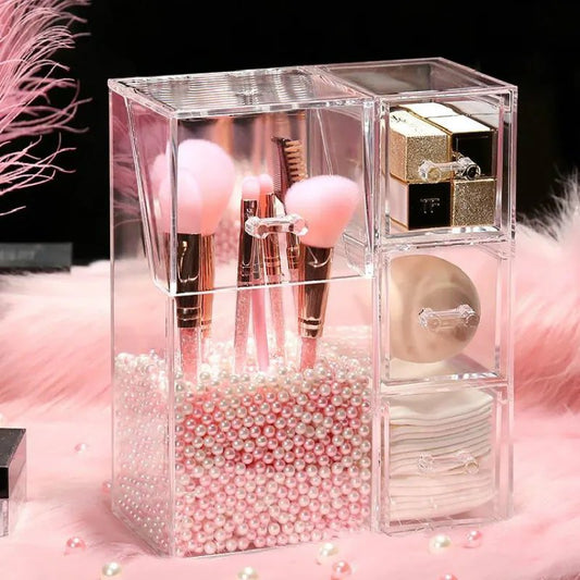 Acrylic Make-up Organizer Brush Display Box With Pearls. (Premium Quality)