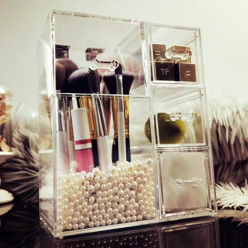 Acrylic Make-up Organizer Brush Display Box With Pearls. (Premium Quality)