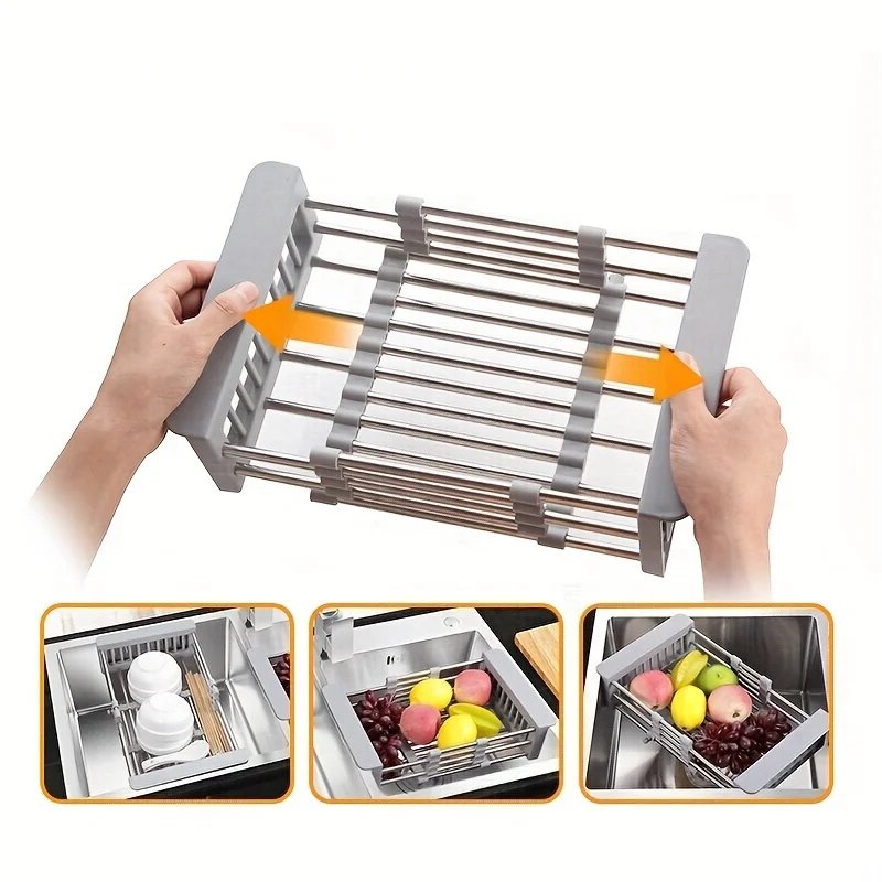 Stainless Steel Kitchen Sink Dish Drainer Counter Dish Drying Rack Collapsible Over The Sink