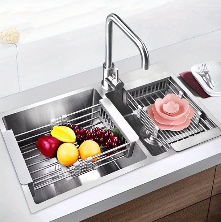 Stainless Steel Kitchen Sink Dish Drainer Counter Dish Drying Rack Collapsible Over The Sink