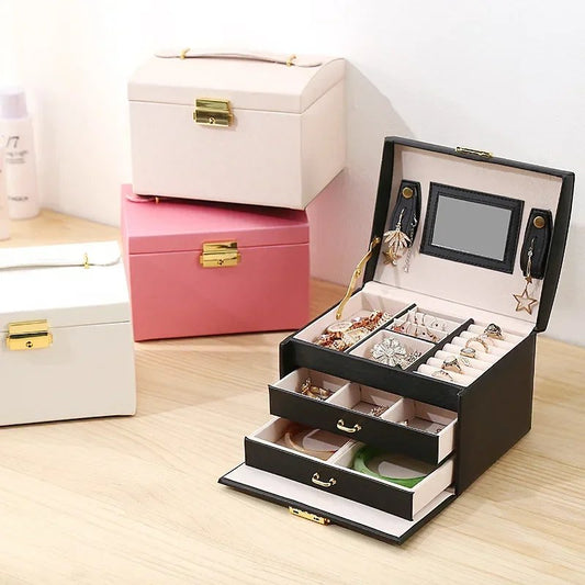 3 Layers PU Leather Mirror Jewelry Organizer