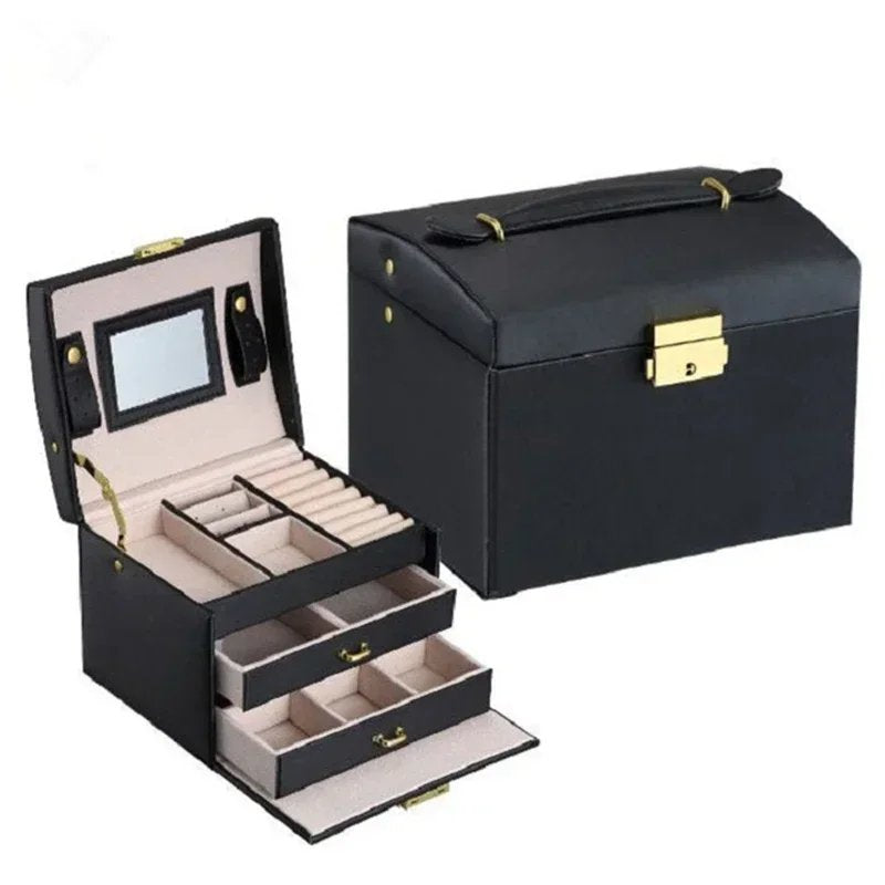 3 Layers PU Leather Mirror Jewelry Organizer