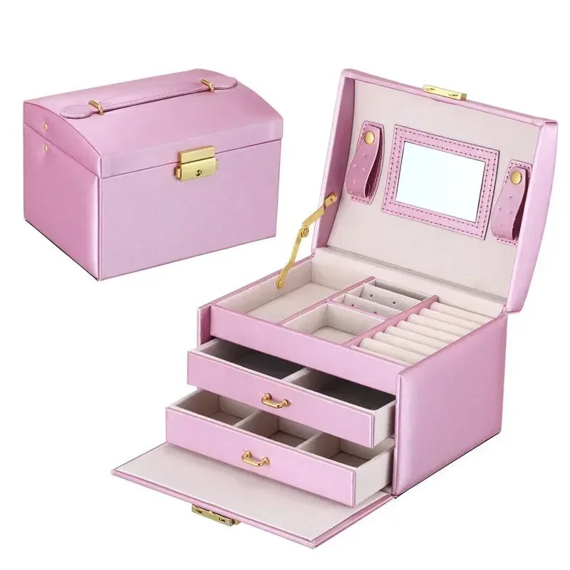 3 Layers PU Leather Mirror Jewelry Organizer
