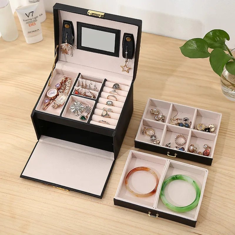 3 Layers PU Leather Mirror Jewelry Organizer
