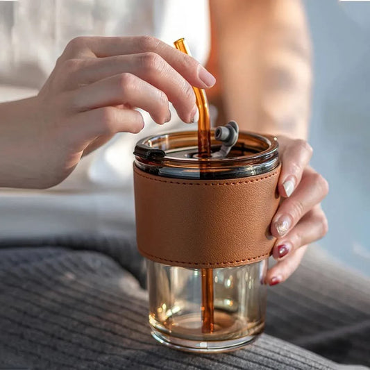 400ml Creative Amber Straw Glass Large Capacity Coffee Cup