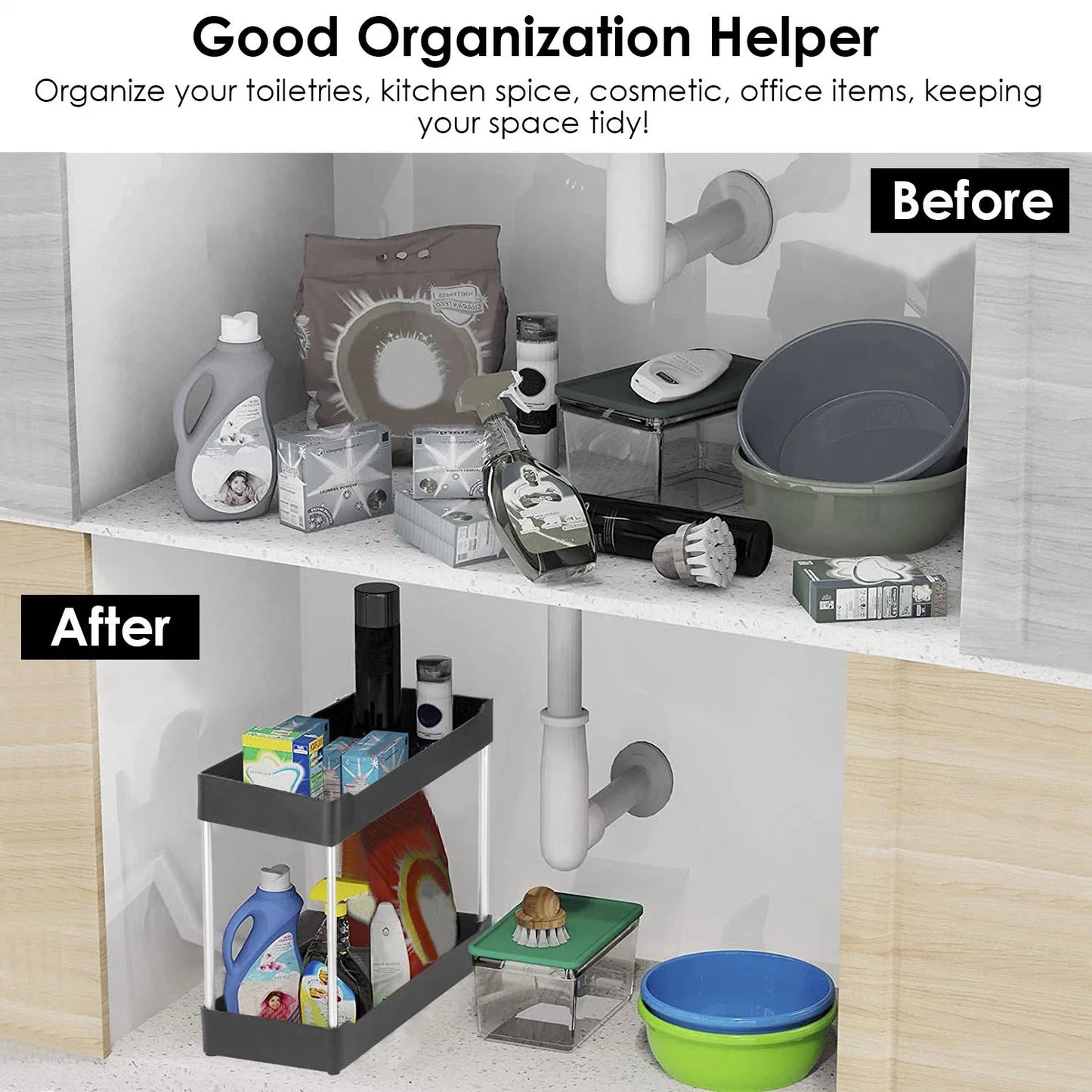 2-Tier Under Sink Shelf Organizer Space Saving Bathroom Sink Storage Rack With 4 Hooks