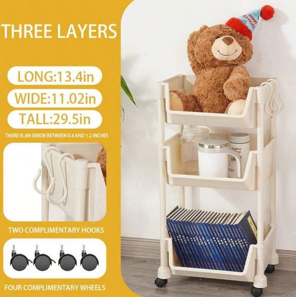 1pc 3-Layer Storage Rack With Wheels, Movable Bookshelf Rack Home Organization