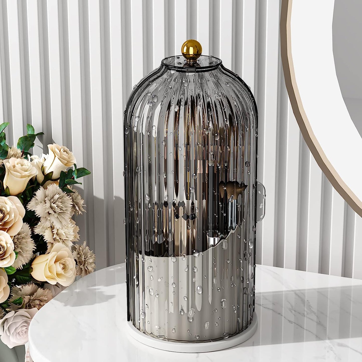 Makeup Brush Holder Organizer With Lid, 360° Rotating Makeup Brushes Organizer For Vanity Desktop Bathroom Countertop (Gray)