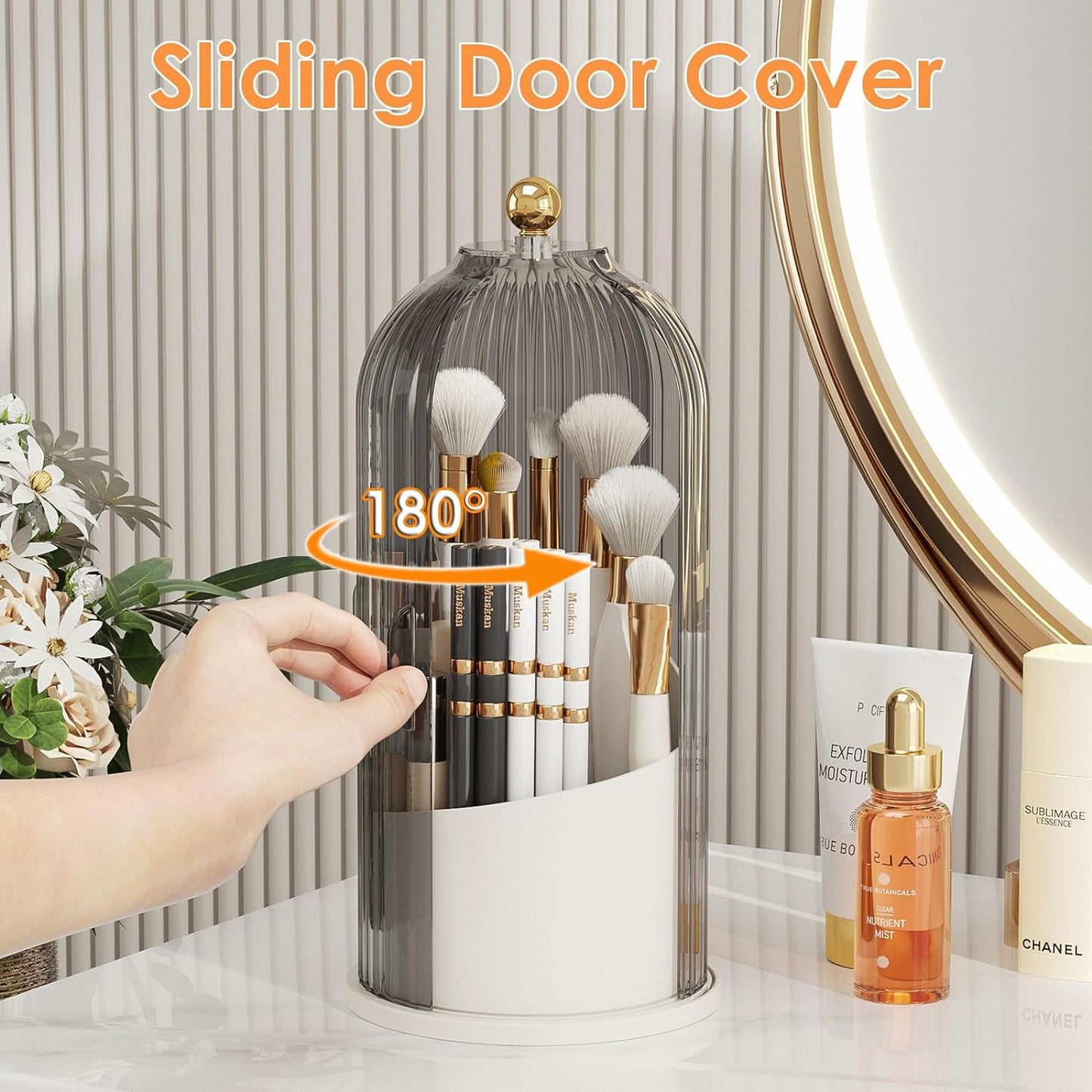 Makeup Brush Holder Organizer With Lid, 360° Rotating Makeup Brushes Organizer For Vanity Desktop Bathroom Countertop (Gray)