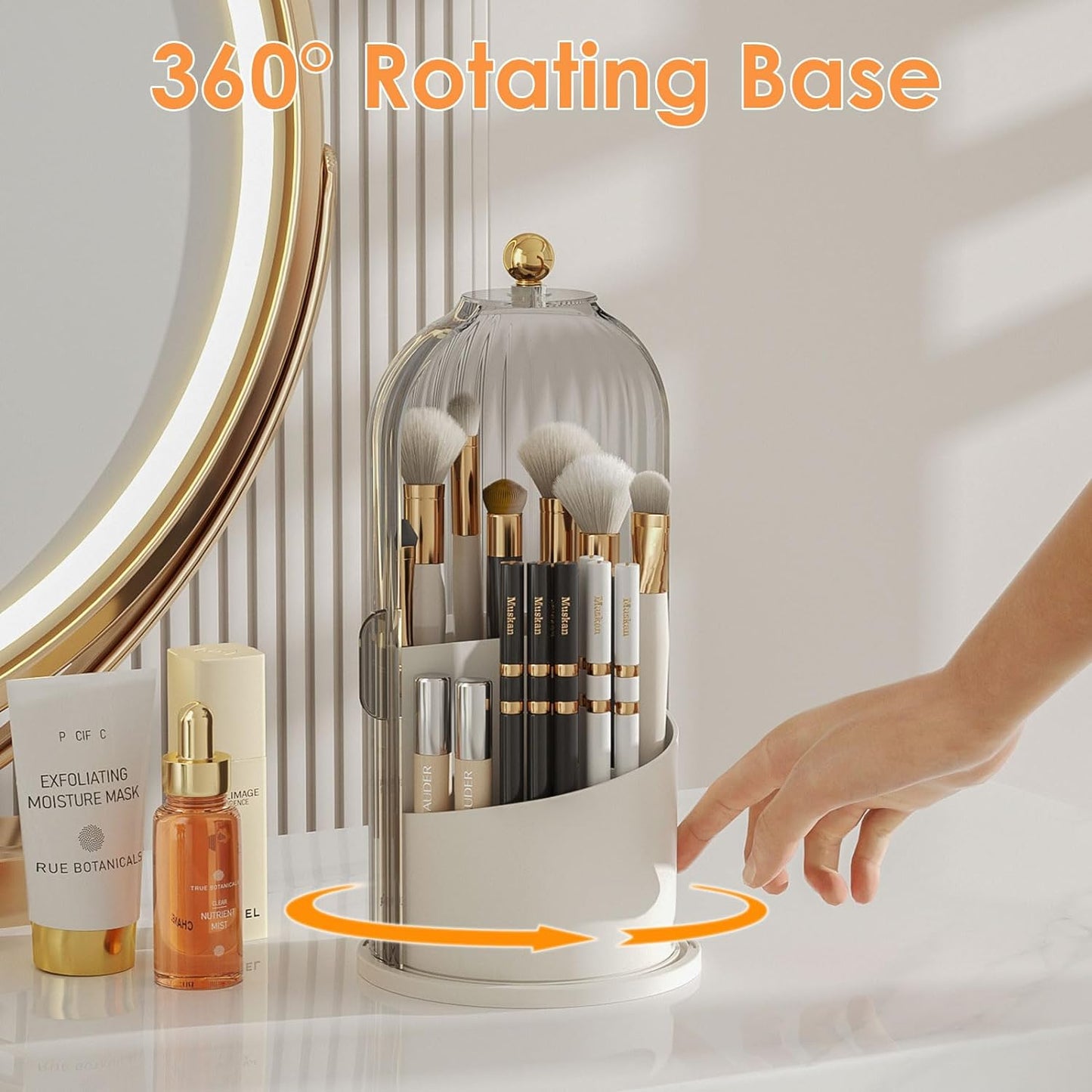 Makeup Brush Holder Organizer With Lid, 360° Rotating Makeup Brushes Organizer For Vanity Desktop Bathroom Countertop (Gray)