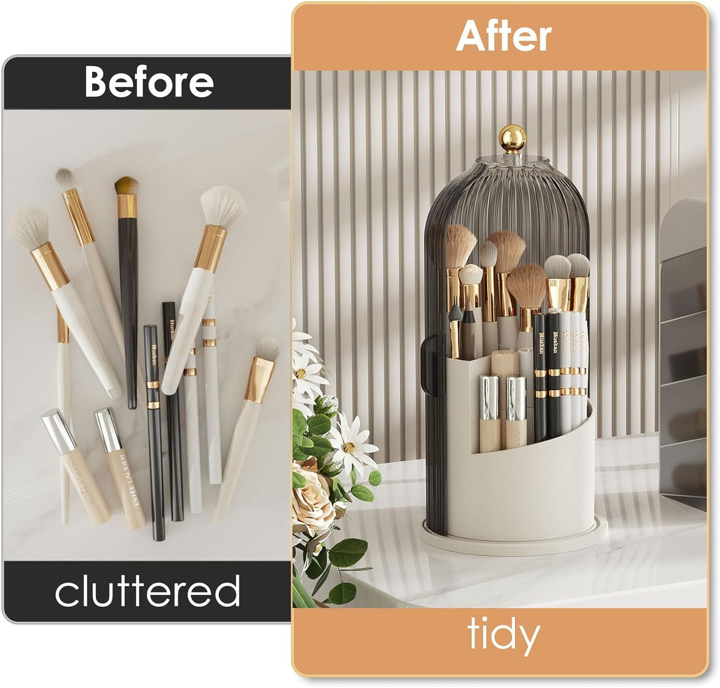 Makeup Brush Holder Organizer With Lid, 360° Rotating Makeup Brushes Organizer For Vanity Desktop Bathroom Countertop (Gray)