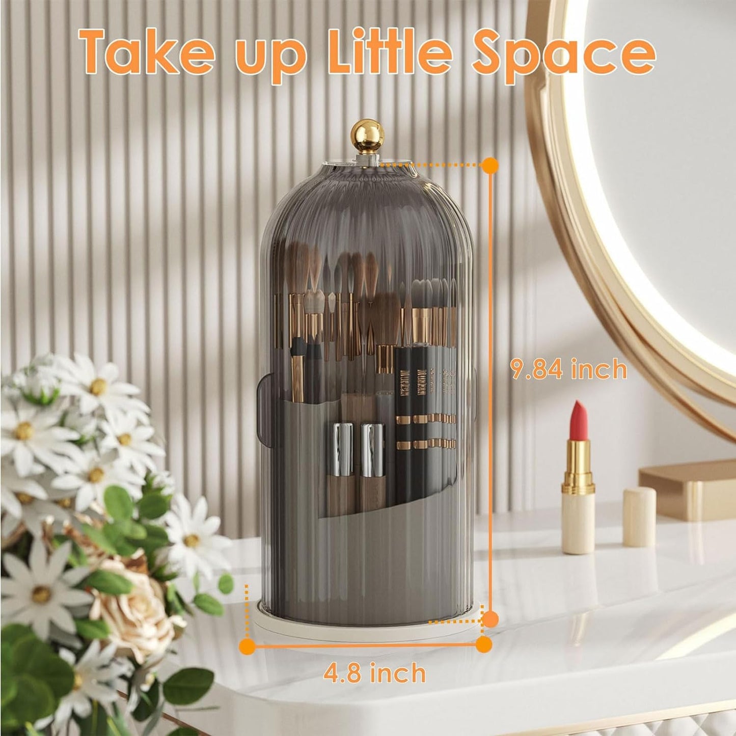 Makeup Brush Holder Organizer With Lid, 360° Rotating Makeup Brushes Organizer For Vanity Desktop Bathroom Countertop (Gray)