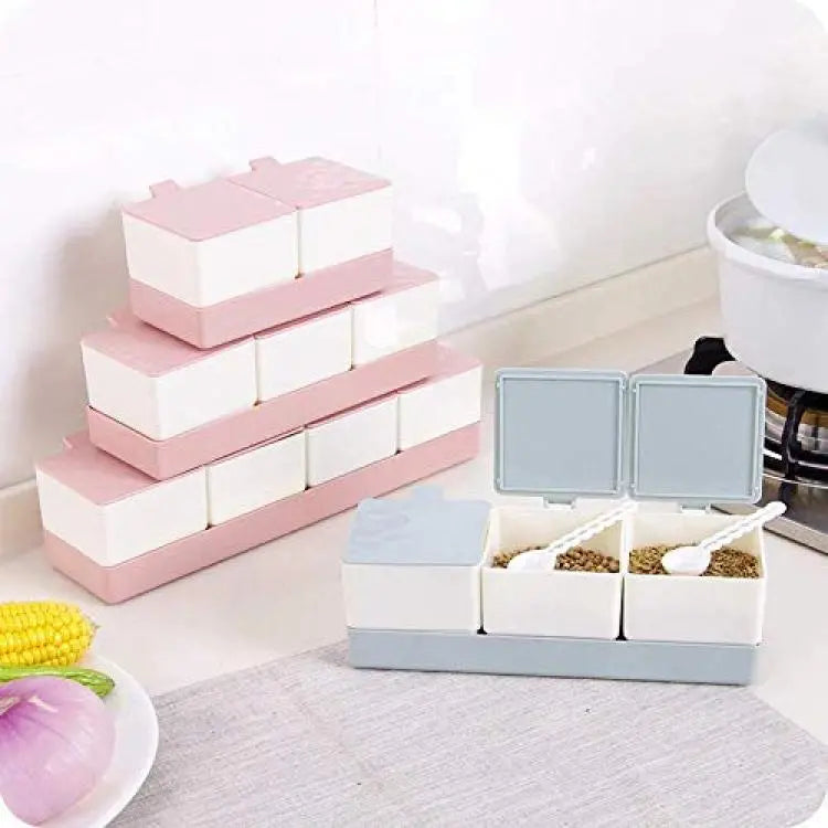 3 Grid Spices Storage Box With Spoon, Seasoning Jar Set Storage Container Kitchen Organizer