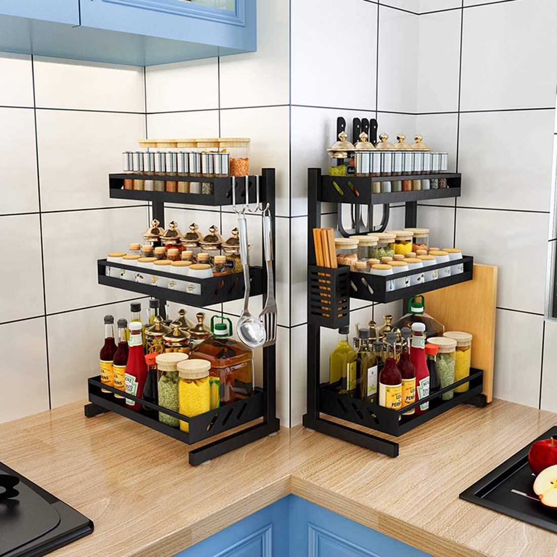 3 Tier Metal Countertop Kitchen Spice Rack Standing Corner Shelf Removable Seasoning Organizer Jars Bottle Storage Knife Utensils Holder with 3 Hooks, Black
