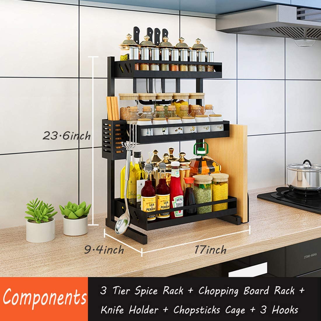 3 Tier Metal Countertop Kitchen Spice Rack Standing Corner Shelf Removable Seasoning Organizer Jars Bottle Storage Knife Utensils Holder with 3 Hooks, Black