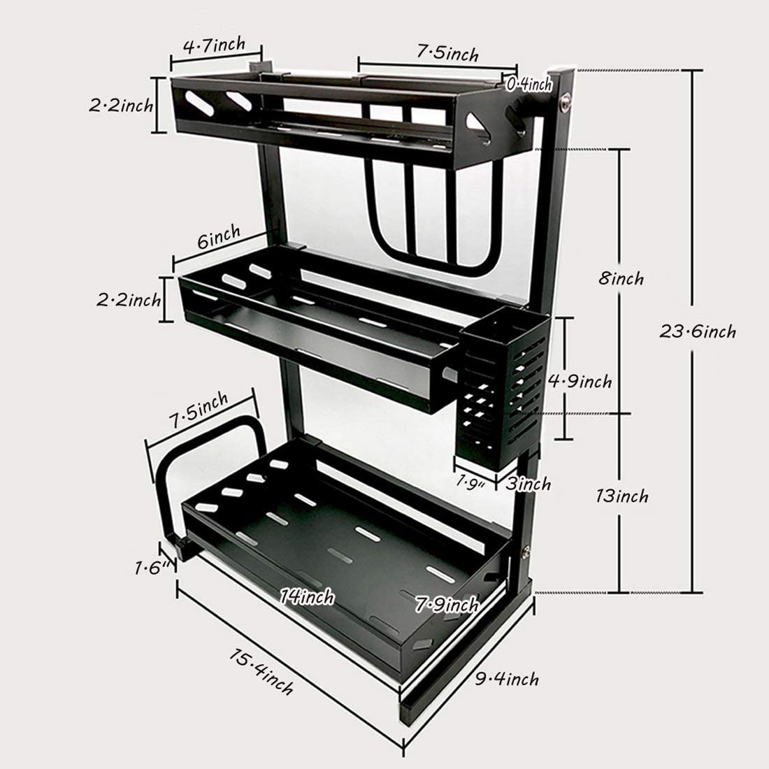 3 Tier Metal Countertop Kitchen Spice Rack Standing Corner Shelf Removable Seasoning Organizer Jars Bottle Storage Knife Utensils Holder with 3 Hooks, Black