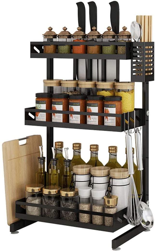 3 Tier Metal Countertop Kitchen Spice Rack Standing Corner Shelf Removable Seasoning Organizer Jars Bottle Storage Knife Utensils Holder with 3 Hooks, Black