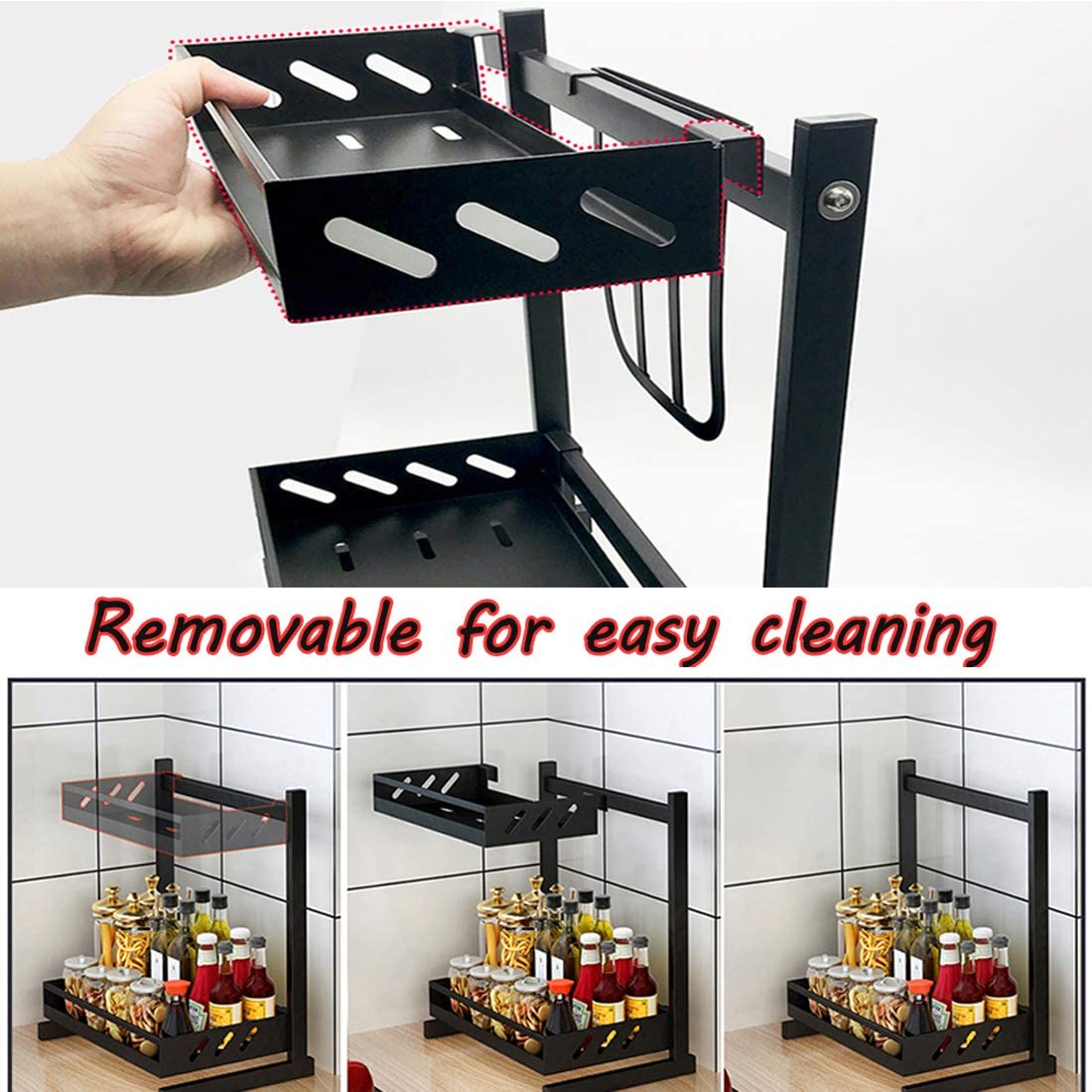 3 Tier Metal Countertop Kitchen Spice Rack Standing Corner Shelf Removable Seasoning Organizer Jars Bottle Storage Knife Utensils Holder with 3 Hooks, Black