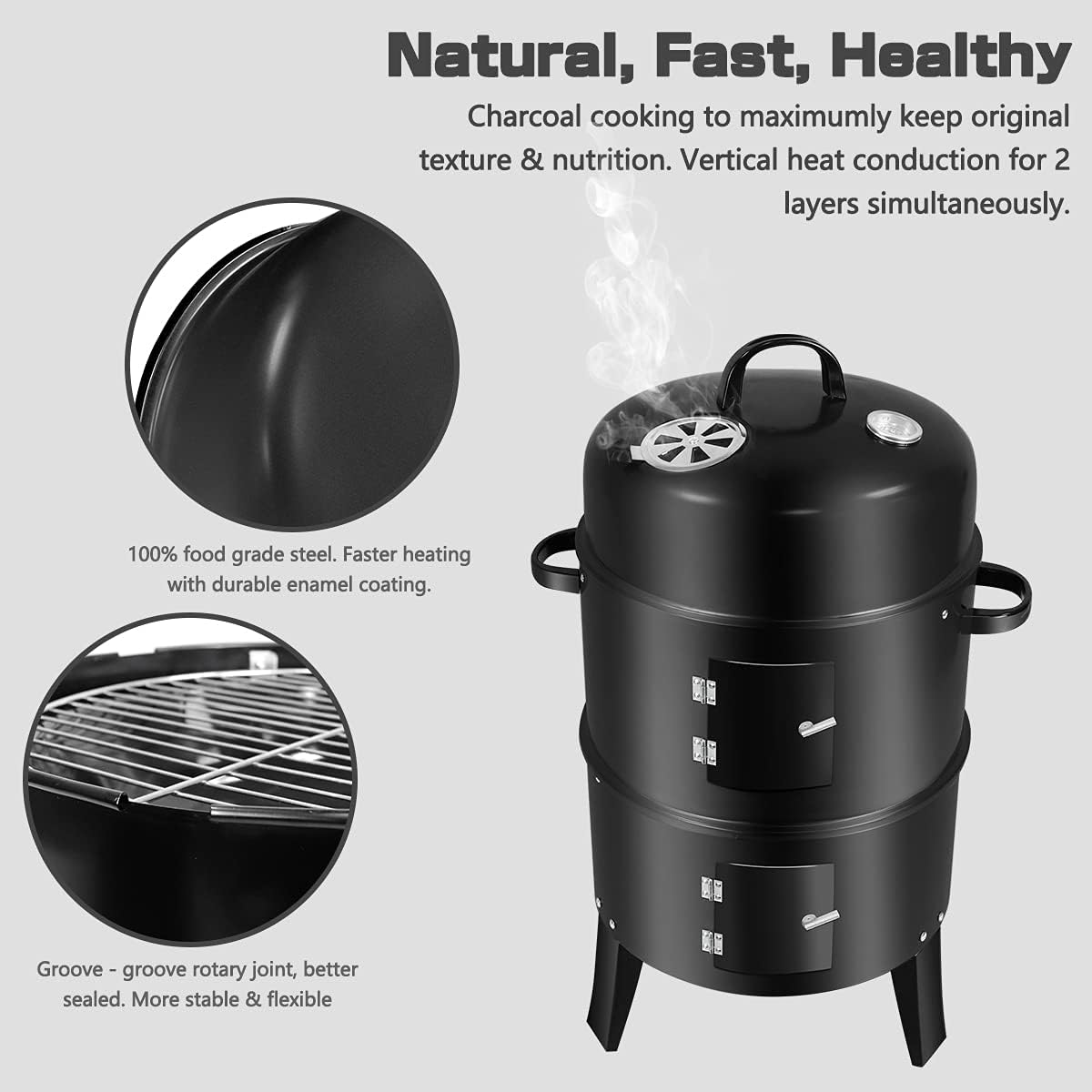 3 In 1 Vertical Charcoal Smoker, 16 inches Separable BBQ Smoker Grill Combo With Built-In Thermometer & Easy TEMP Adjustable Vent For Outdoor Cooking