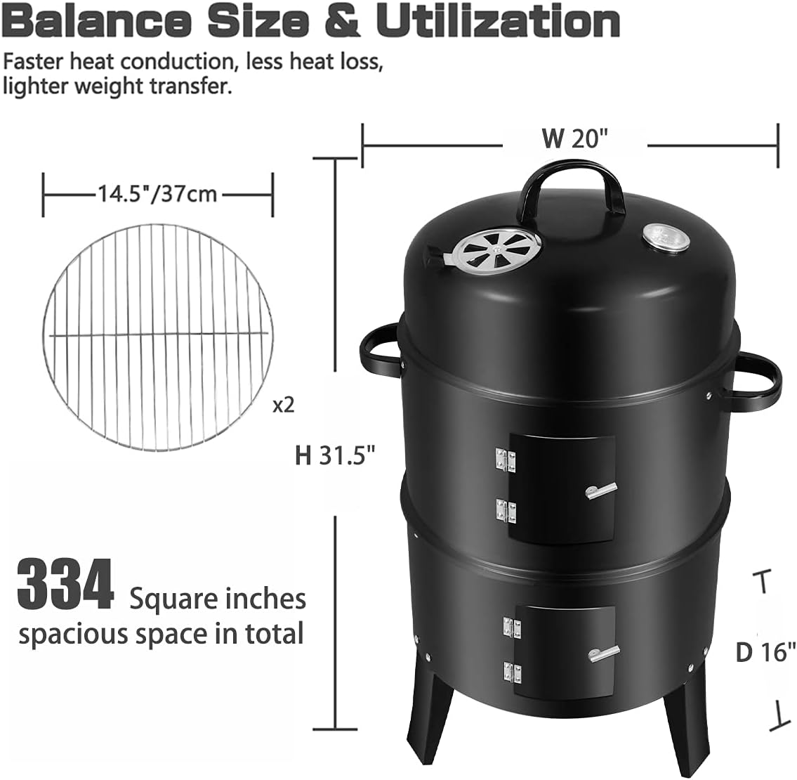 3 In 1 Vertical Charcoal Smoker, 16 inches Separable BBQ Smoker Grill Combo With Built-In Thermometer & Easy TEMP Adjustable Vent For Outdoor Cooking