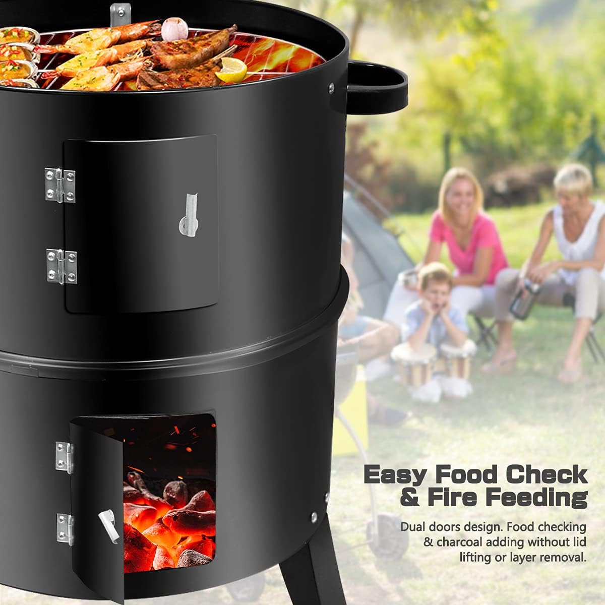 3 In 1 Vertical Charcoal Smoker, 16 inches Separable BBQ Smoker Grill Combo With Built-In Thermometer & Easy TEMP Adjustable Vent For Outdoor Cooking