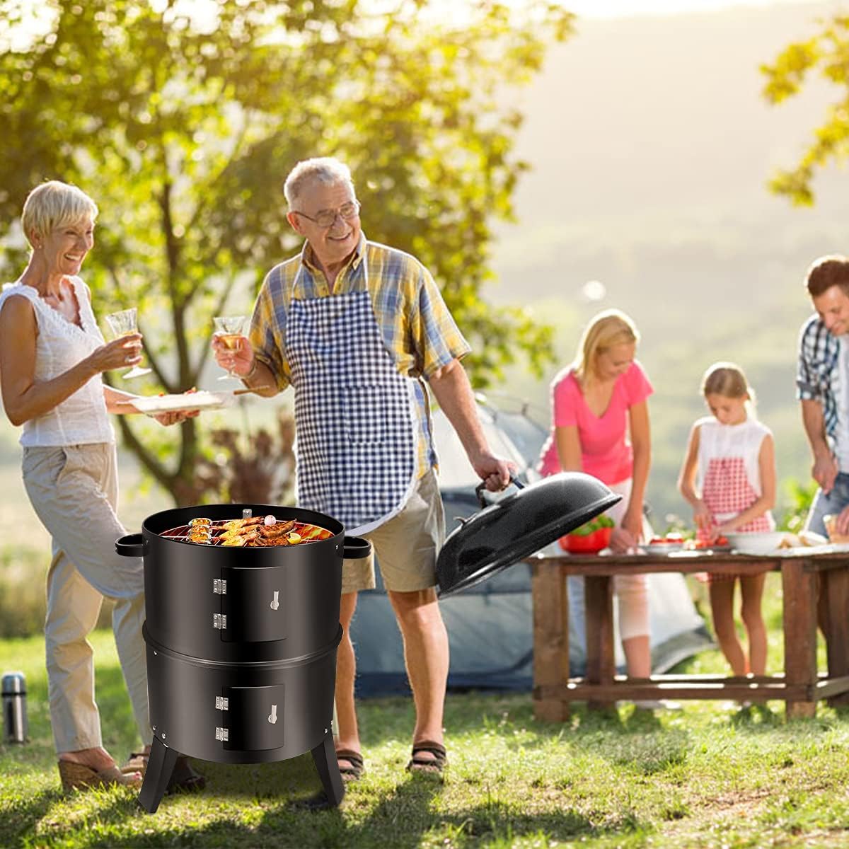 3 In 1 Vertical Charcoal Smoker, 16 inches Separable BBQ Smoker Grill Combo With Built-In Thermometer & Easy TEMP Adjustable Vent For Outdoor Cooking