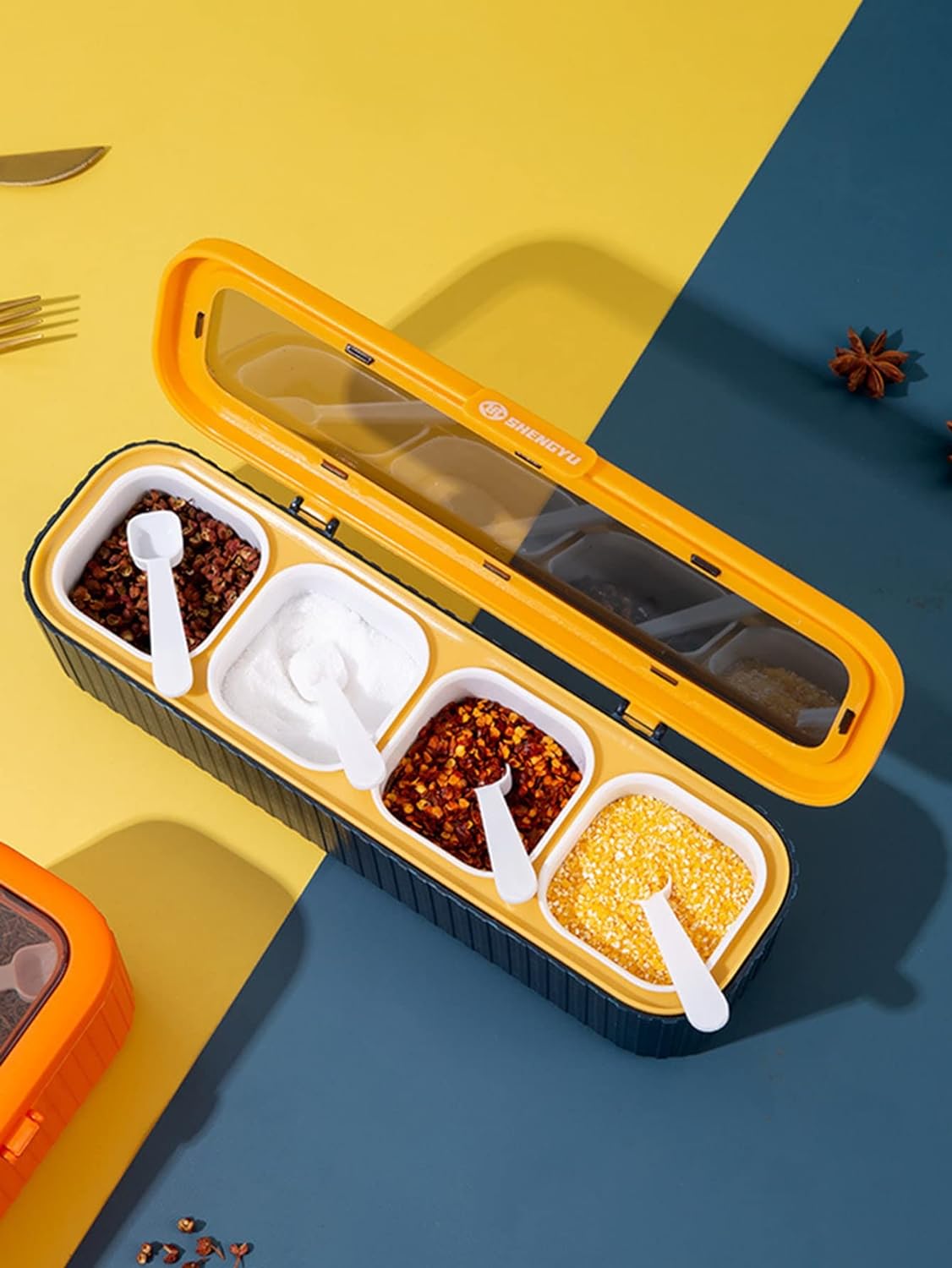 4-Compartment Seasoning Jar Storage Container, Kitchen Storage Container For Storing Spices Salt Sugar Pepper