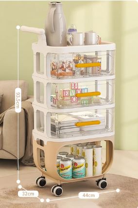 4 Layer Cart Bedside Mobile Snack Storage Rack, Waterproof Freestanding Storage Cabinet