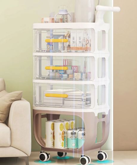 4 Layer Cart Bedside Mobile Snack Storage Rack, Waterproof Freestanding Storage Cabinet