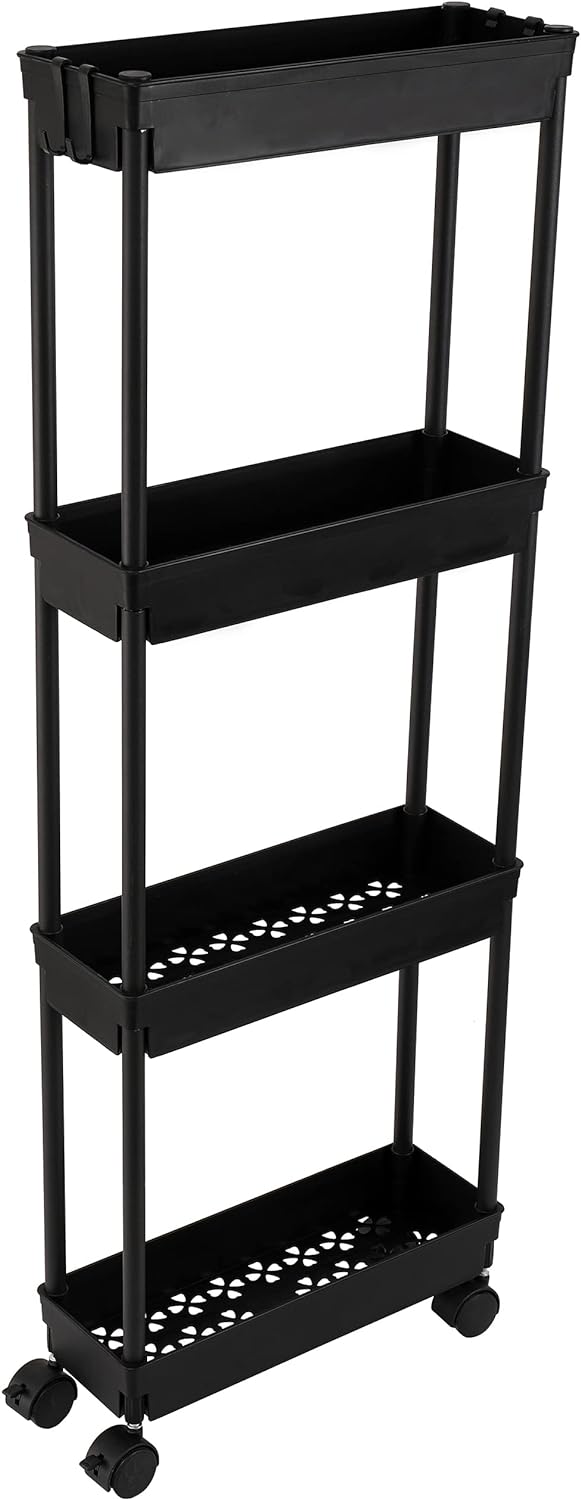 4 Tier Slim Storage Cart, Rolling Storage Cart, Narrow Shelf For Kitchen, Bathroom, Laundry Room (Black)