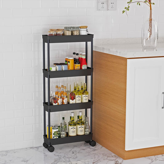 4 Tier Slim Storage Cart, Rolling Storage Cart, Narrow Shelf For Kitchen, Bathroom, Laundry Room (Black)