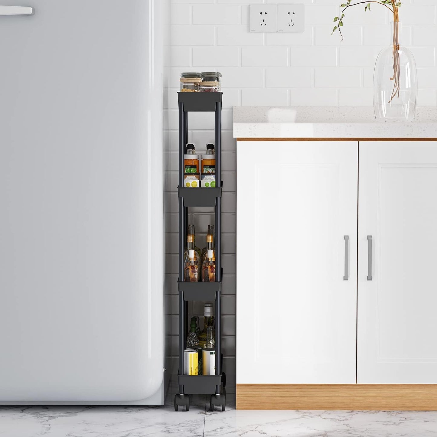 4 Tier Slim Storage Cart, Rolling Storage Cart, Narrow Shelf For Kitchen, Bathroom, Laundry Room (Black)