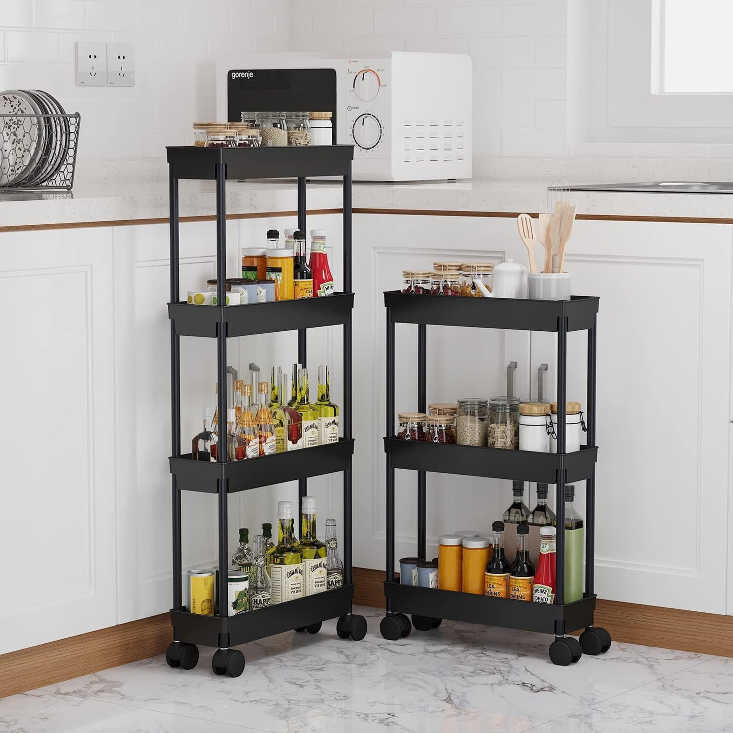4 Tier Slim Storage Cart, Rolling Storage Cart, Narrow Shelf For Kitchen, Bathroom, Laundry Room (Black)
