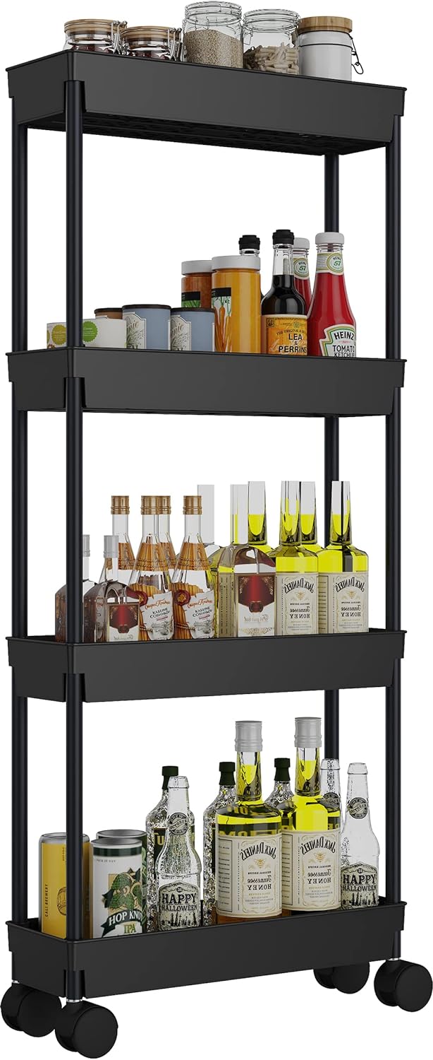 4 Tier Slim Storage Cart, Rolling Storage Cart, Narrow Shelf For Kitchen, Bathroom, Laundry Room (Black)